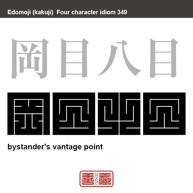 岡目八目 傍目八目　おかめはちもく　端から見物している者のほうが、当事者よりもかえって物事の真相や得失がよくわかること。　有名なことわざや四字熟語の漢字を角字で表現してみました。熟語の意味も簡単に解説しています。