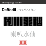 喇叭水仙　ラッパスイセン　花や植物の名前（漢字表記）を角字で表現してみました。該当する植物についても簡単に解説しています。