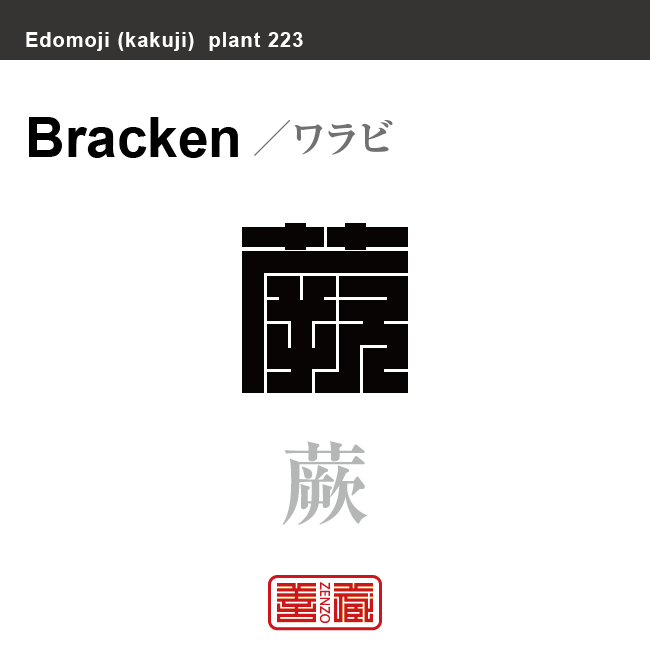 蕨　ワラビ　花や植物の名前（漢字表記）を角字で表現してみました。該当する植物についても簡単に解説しています。