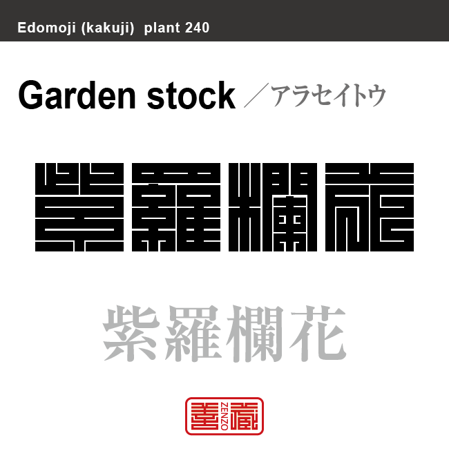 紫羅欄花　アラセイトウ　花や植物の名前（漢字表記）を角字で表現してみました。該当する植物についても簡単に解説しています。