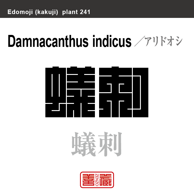 蟻刺 虎刺　アリドオシ　花や植物の名前（漢字表記）を角字で表現してみました。該当する植物についても簡単に解説しています。