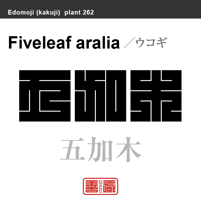 五加 五加木　ウコギ　花や植物の名前（漢字表記）を角字で表現してみました。該当する植物についても簡単に解説しています。