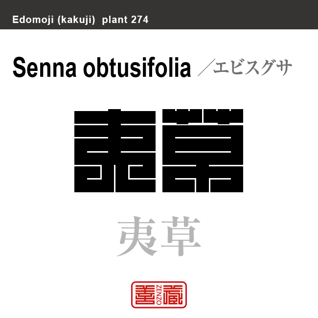 夷草 恵比須草　エビスグサ　花や植物の名前（漢字表記）を角字で表現してみました。該当する植物についても簡単に解説しています。