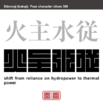 火主水従　かしゅすいじゅう　ベースロードの電力需要を火力発電によってまかない、補給用に水力発電が使われる電力供給方式。　有名なことわざや四字熟語の漢字を角字で表現してみました。熟語の意味も簡単に解説しています