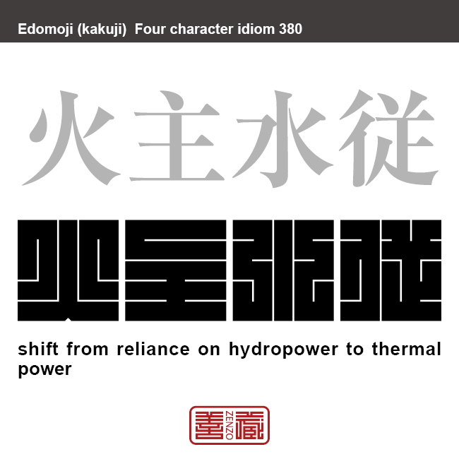 火主水従　かしゅすいじゅう　ベースロードの電力需要を火力発電によってまかない、補給用に水力発電が使われる電力供給方式。　有名なことわざや四字熟語の漢字を角字で表現してみました。熟語の意味も簡単に解説しています