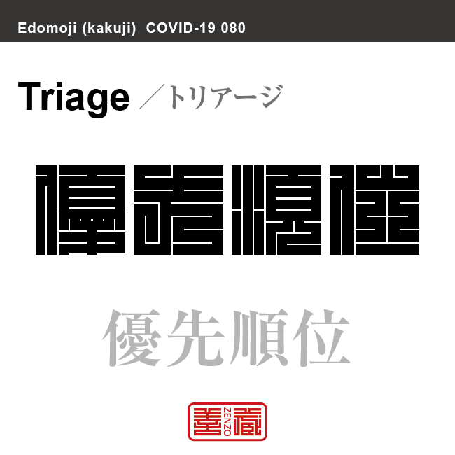 優先順位（治療優先度）　ゆうせんじゅんい（ちりょうゆうせんど）／トリアージ　新型コロナウイルス感染症関連用語（漢字表記）を角字で表現してみました。用語についても簡単に解説しています。