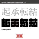 起承転結　きしょうてんけつ　漢詩、とくに絶句（4句の詩）の構成法。映画などの脚本にも使われる技法。　有名なことわざや四字熟語の漢字を角字で表現してみました。熟語の意味も簡単に解説しています