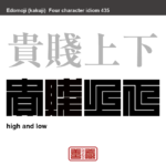 貴賤上下　きせんじょうげ　身分や階級、地位の高い人と低い人。または、それらの人たち全てのこと。転じて、ありとあらゆる人。　有名なことわざや四字熟語の漢字を角字で表現してみました。熟語の意味も簡単に解説しています