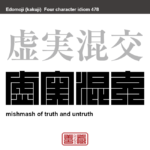 虚実混交　きょじつこんこう　嘘と本当が入り交じっていること　有名なことわざや四字熟語の漢字を角字で表現してみました。熟語の意味も簡単に解説しています