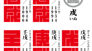 角字で　干支（えと）　戌（いぬ）　甲戌、丙戌、戊戌、庚戌、壬戌、漢字表記　干支（えと）　戌（いぬ）（漢字表記）を角字で表現してみました。