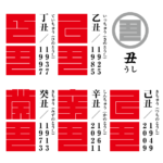 角字で　干支（えと）　丑（うし）　乙丑、丁丑、己丑、辛丑、癸丑、漢字表記　干支（えと）　丑（うし）（漢字表記）を角字で表現してみました。