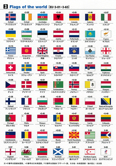 国旗対応表3　世界各国の国旗データを元に、今回プリントシールを作成し、販売することにしました。こちらは、国旗と各国の対応表となります。　EU：ヨーロッパ地域　計63個　・アイスランド ・アイルランド ・アゼルバイジャン ・アルバニア ・アルメニア ・アンドラ ・イタリア ・ウクライナ ・ウズベキスタン ・エストニア ・オーストリア ・オランダ ・カザフスタン ・キプロス ・ギリシャ ・キルギス ・英国 ・クロアチア ・コソボ ・サンマリノ ・ジョージア ・スイス ・スウェーデン ・スペイン ・スロバキア ・スロベニア ・セルビア ・タジキスタン ・チェコ ・デンマーク ・ドイツ ・トルクメニスタン ・ノルウェー ・バチカン ・ハンガリー ・フィンランド ・フランス ・ブルガリア ・ベラルーシ ・ベルギー ・ポーランド ・ボスニア･ヘルツェゴビナ ・ポルトガル ・マルタ ・モナコ ・モルドバ ・モンテネグロ ・ラトビア ・リトアニア ・リヒテンシュタイン ・ルーマニア ・ルクセンブルク ・ロシア ・北マケドニア ・アブハジア ・アルツァフ ・イングランド ・ウェールズ ・沿ドニエストル ・スコットランド ・南オセチア ・北キプロス･トルコ ・ロシアオリンピック