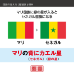 語呂合わせで縦縞旗を覚える方法です。配色の順番やパターンを語呂合わせで覚えます。また、似たような配色の国旗を、連想で覚えられるように工夫しています。ここではマリとセネガルの配色を語呂合わせで覚えます。