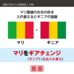 語呂合わせで縦縞旗を覚える方法です。配色の順番やパターンを語呂合わせで覚えます。また、似たような配色の国旗を、連想で覚えられるように工夫しています。ここではマリとギニアの配色を語呂合わせで覚えます。