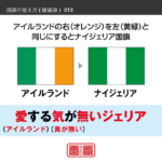 語呂合わせで縦縞旗を覚える方法です。配色の順番やパターンを語呂合わせで覚えます。また、似たような配色の国旗を、連想で覚えられるように工夫しています。ここではアイルランドとナイジェリアの配色を語呂合わせで覚えます。