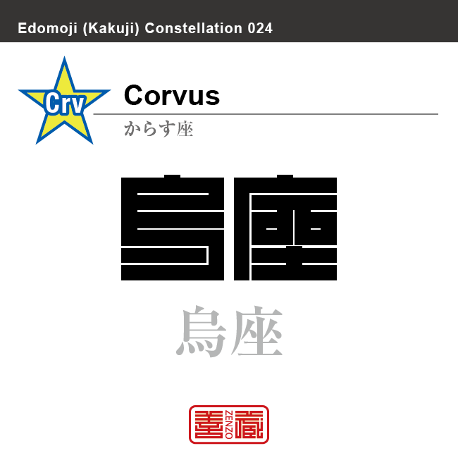 烏座　からす座　角字で星座の名前、漢字表記　星座の名前（漢字表記）を角字で表現してみました。該当する星座についても簡単に解説しています。