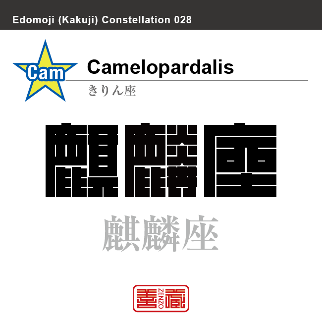 麒麟座　きりん座　角字で星座の名前、漢字表記　星座の名前（漢字表記）を角字で表現してみました。該当する星座についても簡単に解説しています。