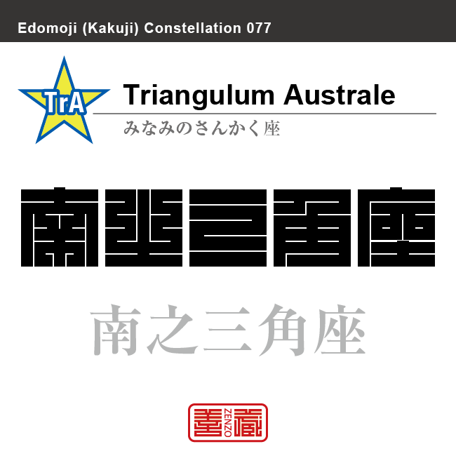 南之三角座 みなみのさんかく座 角字で星座の名前、漢字表記 星座の名前(漢字表記)を角字で表現してみました。該当する星座についても簡単に解説しています。