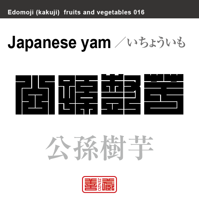 公孫樹芋　いちょういも　野菜や果物の名前（漢字表記）を角字で表現してみました。該当する植物についても簡単に解説しています。