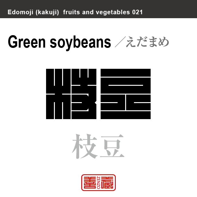 枝豆　えだまめ　野菜や果物の名前（漢字表記）を角字で表現してみました。該当する植物についても簡単に解説しています。