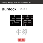 牛蒡　ごぼう　野菜や果物の名前（漢字表記）を角字で表現してみました。該当する植物についても簡単に解説しています。