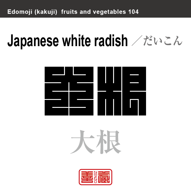 大根　だいこん　野菜や果物の名前（漢字表記）を角字で表現してみました。該当する植物についても簡単に解説しています。