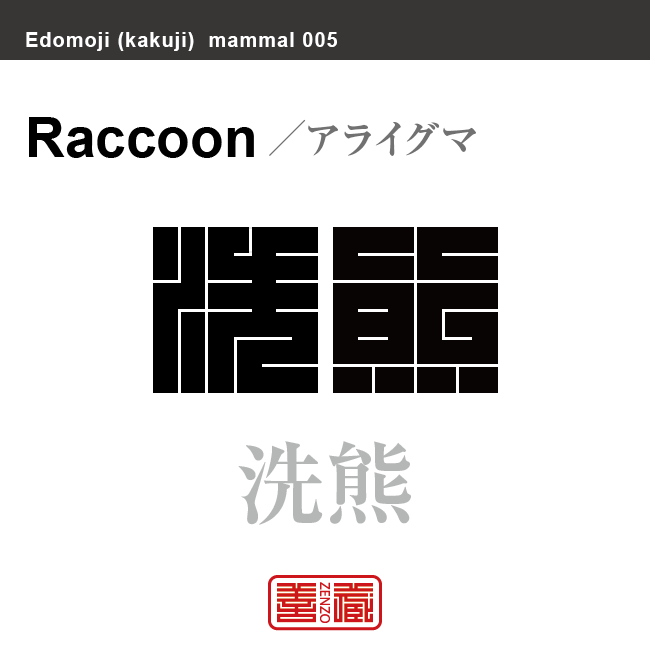 洗熊　アライグマ　哺乳類の名前（漢字表記）を角字で表現してみました。該当する動物についても簡単に解説しています。