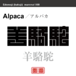 羊駱駝　アルパカ　哺乳類の名前（漢字表記）を角字で表現してみました。該当する動物についても簡単に解説しています。