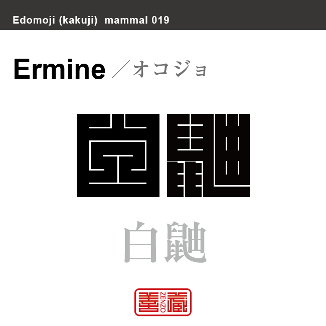 白鼬　オコジョ　哺乳類の名前（漢字表記）を角字で表現してみました。該当する動物についても簡単に解説しています。