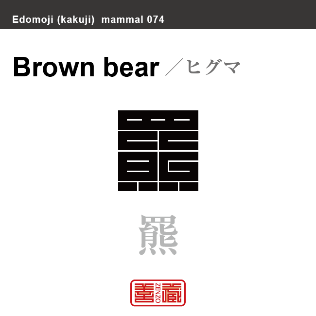 羆 ヒグマ 哺乳類の名前(漢字表記)を角字で表現してみました。該当する動物についても簡単に解説しています。