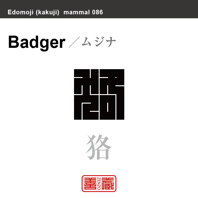 狢　ムジナ　哺乳類の名前（漢字表記）を角字で表現してみました。該当する動物についても簡単に解説しています。
