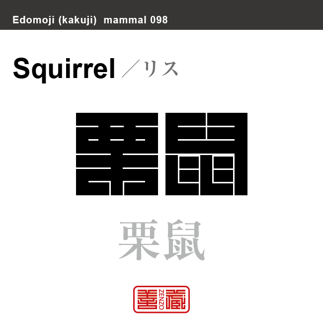 栗鼠 リス 哺乳類の名前(漢字表記)を角字で表現してみました。該当する動物についても簡単に解説しています。