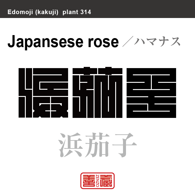 浜梨 浜茄子　ハマナス　花や植物の名前（漢字表記）を角字で表現してみました。該当する植物についても簡単に解説しています。