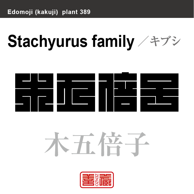 木五倍子　キブシ　花や植物の名前（漢字表記）を角字で表現してみました。該当する植物についても簡単に解説しています。