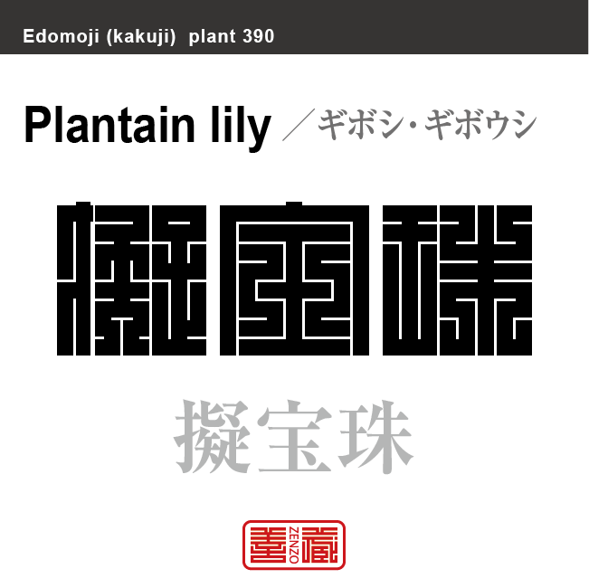 擬宝珠　ギボシ／ギボウシ　花や植物の名前（漢字表記）を角字で表現してみました。該当する植物についても簡単に解説しています。